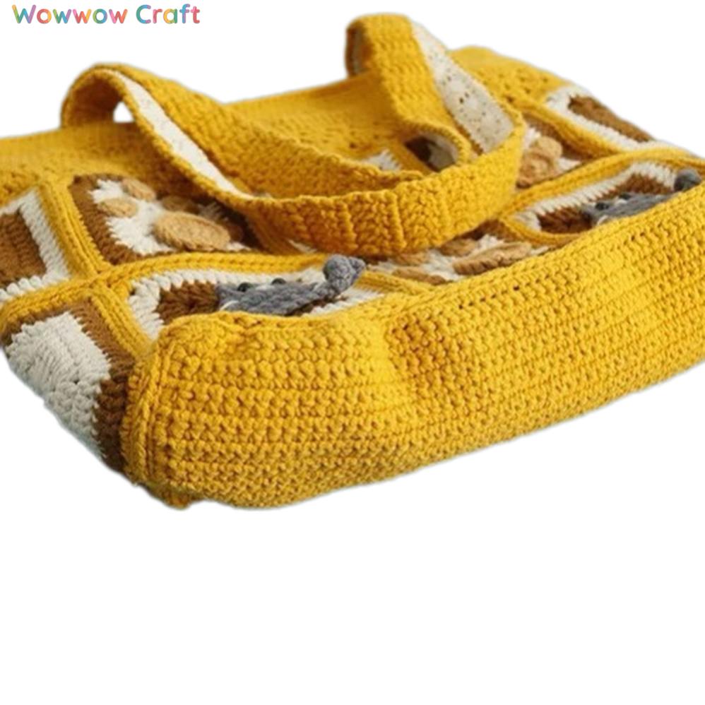 Shoulder Bags,Totes,Handmade Crochet Bags,Dark Yellow Flowers Embroidery Granny Square Tote crocheted with Snow Fairy Yarn - High quality handmade crocheted shoulder bag